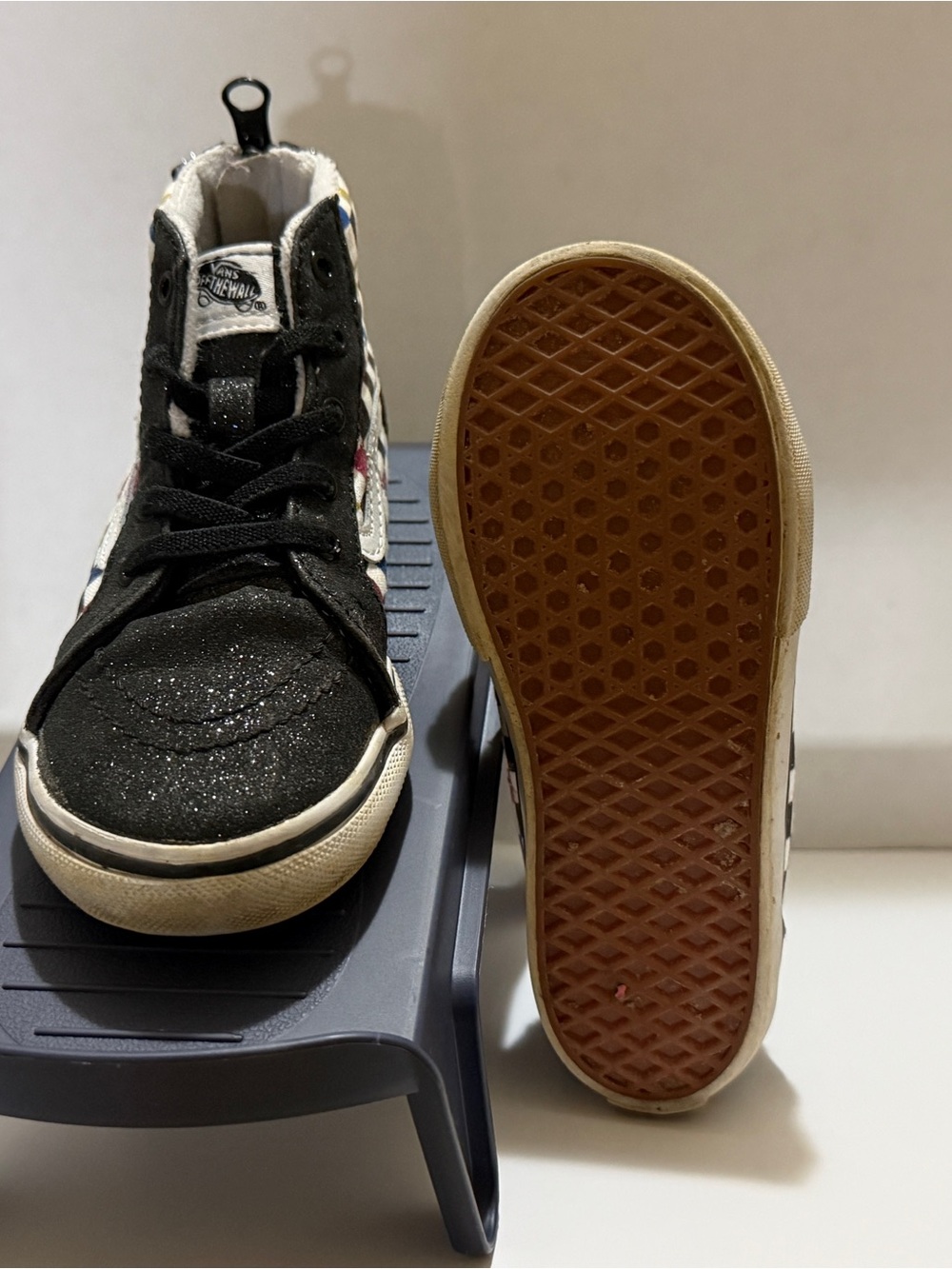 Vans Kids Black High-Top Sneakers with Glitter and Checker Stripe
